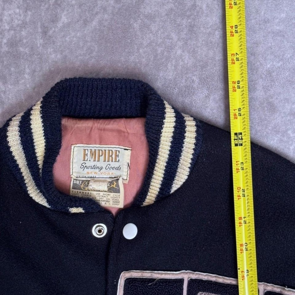 Varsity Bomber Jacket Navy Blue Empire Sporting Goods Leather Sleeve Letterman - Picture 6 of 7